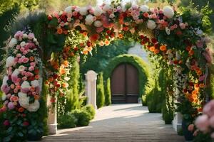 a wedding arch with flowers and greenery. AI-Generated photo