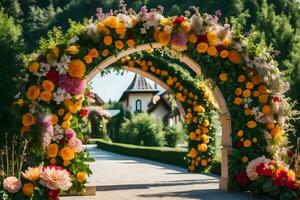 a wedding arch made of flowers. AI-Generated photo