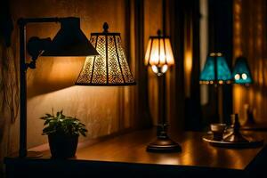 a table with a lamp and a plant on it. AI-Generated photo