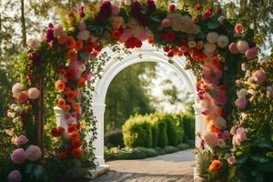 un Boda arco decorado con flores generado por ai foto