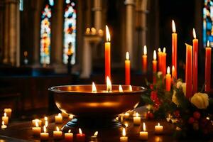 candles are lit in a church with candles and flowers. AI-Generated photo