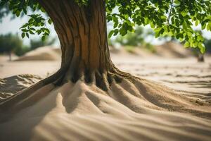 a tree with roots in the sand. AI-Generated photo