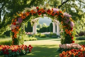 an archway with flowers and trees in the background. AI-Generated photo