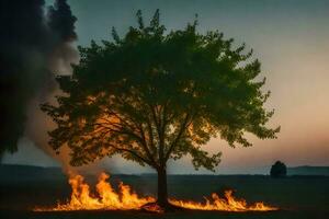 un árbol con fumar viniendo fuera de él. generado por ai foto