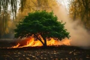 un árbol es ardiente en el medio de un campo. generado por ai foto