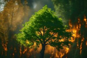 un árbol es mostrado en frente de un fuego. generado por ai foto