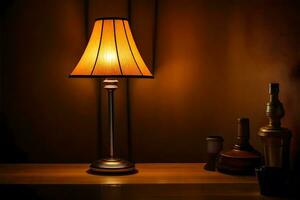 a lamp on a table in a dark room. AI-Generated photo