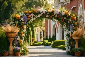 un arco con flores y plantas en ollas. generado por ai foto