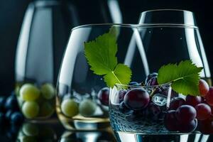 grapes and water in glasses on a black background. AI-Generated photo