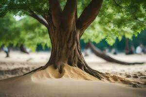 a tree with sand on the ground and people walking around. AI-Generated photo