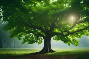 un grande árbol en el medio de un campo. generado por ai foto