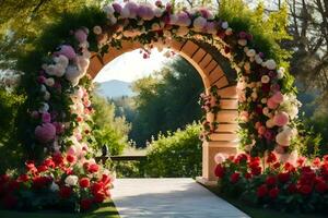 un Boda arco decorado con flores y verdor. generado por ai foto