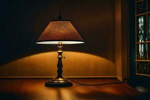 a lamp on a table in a dark room. AI-Generated photo