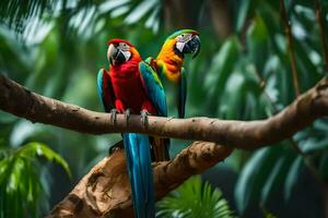 two colorful parrots sitting on a branch. AI-Generated photo