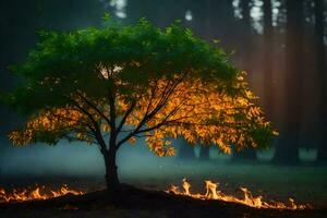 a tree with flames coming out of it in the middle of a forest. AI-Generated photo