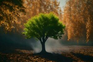 un árbol es en pie en el medio de un campo. generado por ai foto