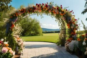 un Boda arco decorado con flores en el césped. generado por ai foto