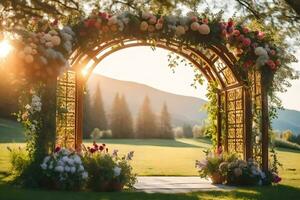 an archway with flowers and greenery in the sun. AI-Generated photo