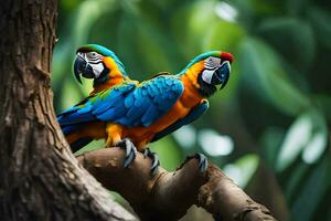 two colorful parrots perched on a tree branch. AI-Generated photo