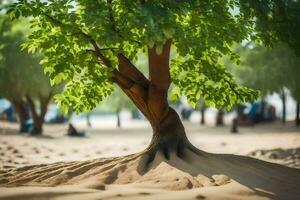 un árbol creciente fuera de el arena en el medio de un playa. generado por ai foto