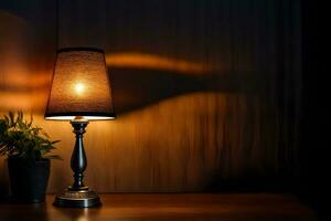 un lámpara en un mesa en frente de un planta. generado por ai foto