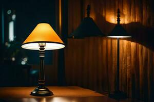 a lamp on a table in a dark room. AI-Generated photo