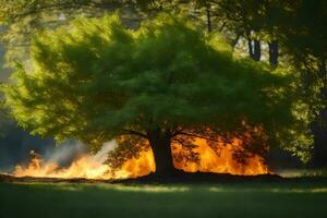 a tree is burning in the grass with smoke coming out of it. AI-Generated photo