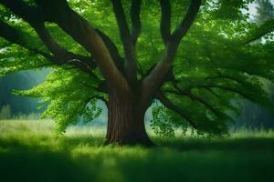 a large tree in the middle of a green field. AI-Generated photo