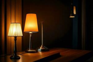 three lamps on a table in a dark room. AI-Generated photo