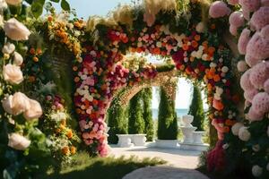 a flower archway with flowers and greenery. AI-Generated photo