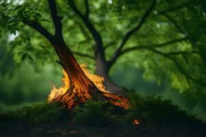 un árbol con fuego y hojas en el antecedentes. generado por ai foto