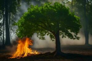 a tree is burning in the forest. AI-Generated photo