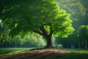 un árbol es en pie en el medio de un campo. generado por ai foto