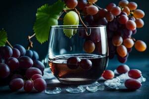 un vaso de vino con uvas en un oscuro antecedentes. generado por ai foto