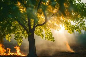 a tree with smoke coming from it and a fire. AI-Generated photo