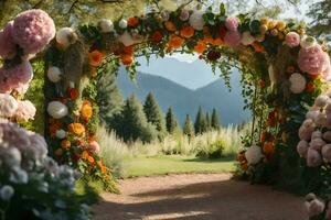 a wedding arch decorated with flowers in the mountains. AI-Generated photo