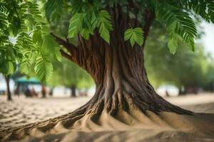 a tree with roots on the sand. AI-Generated photo