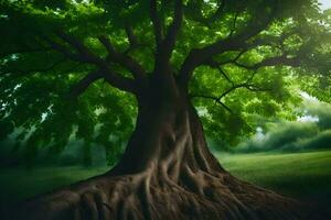 un grande árbol con raíces en el césped. generado por ai foto