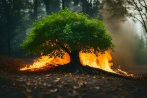 a tree is burning in the forest. AI-Generated photo