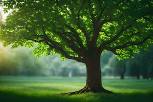 a tree is standing in the middle of a green field. AI-Generated photo