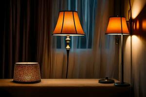 two lamps sit on a table next to a lamp. AI-Generated photo