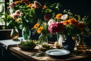 flores en floreros en un mesa. generado por ai foto