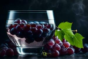 grapes in a glass of water on a dark background. AI-Generated photo