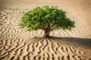 a tree in the desert with sand and sand dunes. AI-Generated photo