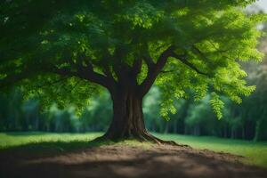 un árbol es mostrado en el medio de un campo. generado por ai foto