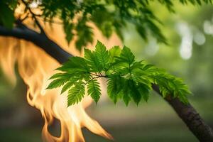 a tree with flames and leaves in the background. AI-Generated photo