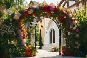 an archway with flowers and a door. AI-Generated photo