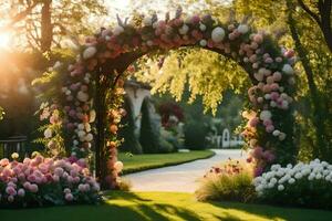 an archway with flowers and grass. AI-Generated photo