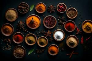 various spices and herbs in bowls on a black background. AI-Generated photo