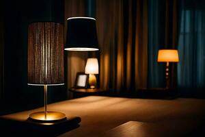 a lamp is on a table in a dark room. AI-Generated photo